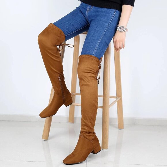 Women's Camel-1.77 Inchs Polyurethane (PU) Over Knee High Warm Winter Long Boot - Picture 5 of 6